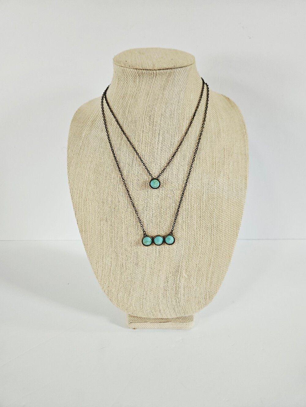 Vintage Double Layered Turquoise Stone Cone Bezel Set Antiqued Chain Necklace
